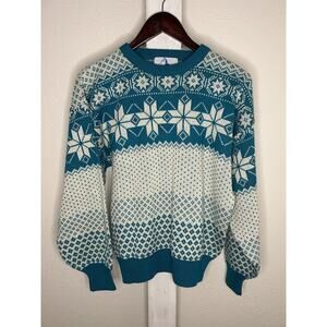 Vintage Wool Blend Sweater Size L Nordic Fair Isle Crewneck Jumper Unisex Teal